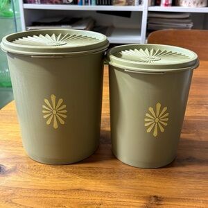 Set of two vintage Tupperware nesting canisters with starburst in avocado green